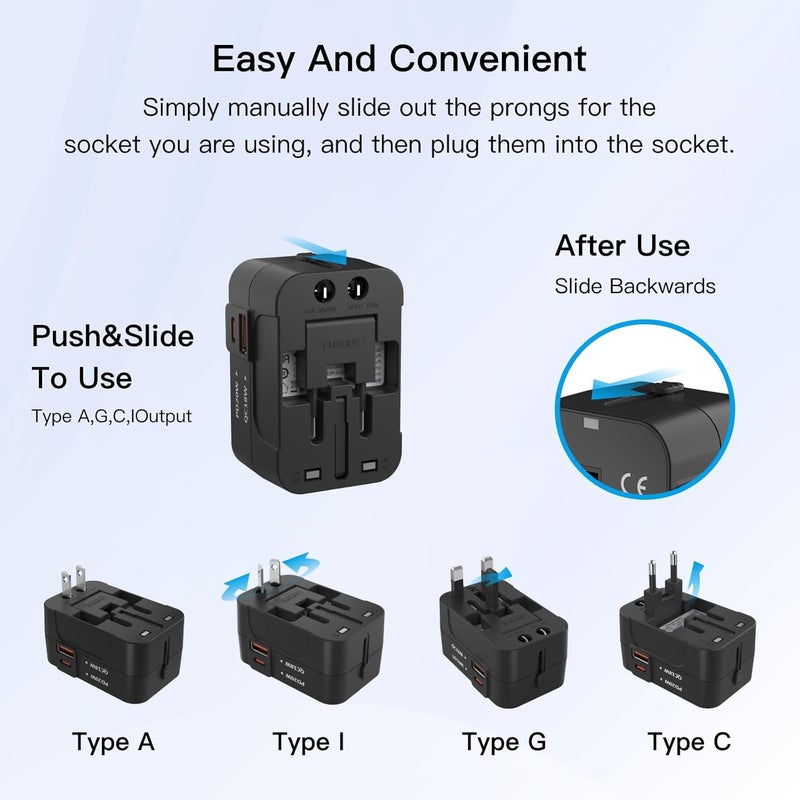 HAPOW Universal Travel Adapter - 1 USB-C & 1 USB-A Fast Charging Travel Charger, Worldwide Plug Adapter for EU UK USA AU, Black - Image 4